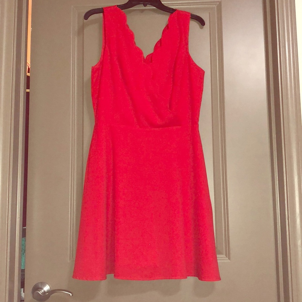 Bright red scallop neck short flare dress